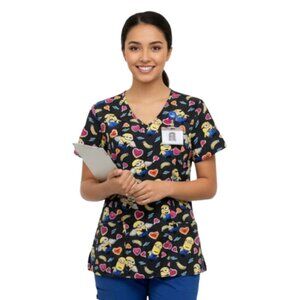 Despicable Me Minions Print Scrub Top – Fun Cartoon Hearts & Bananas Uniform